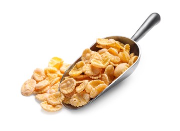 Photo of Metal scoop of tasty crispy corn flakes on white background