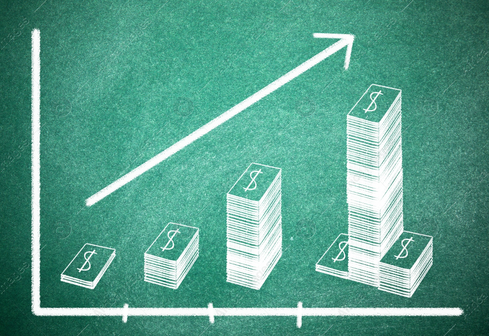 Illustration of Salary increase concept. Up arrow and stacked dollar banknotes on green chalkboard