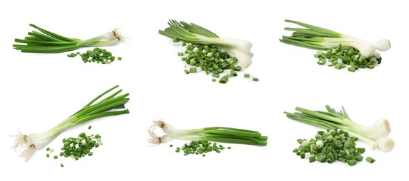 Collage of chopped and whole green onions on white background