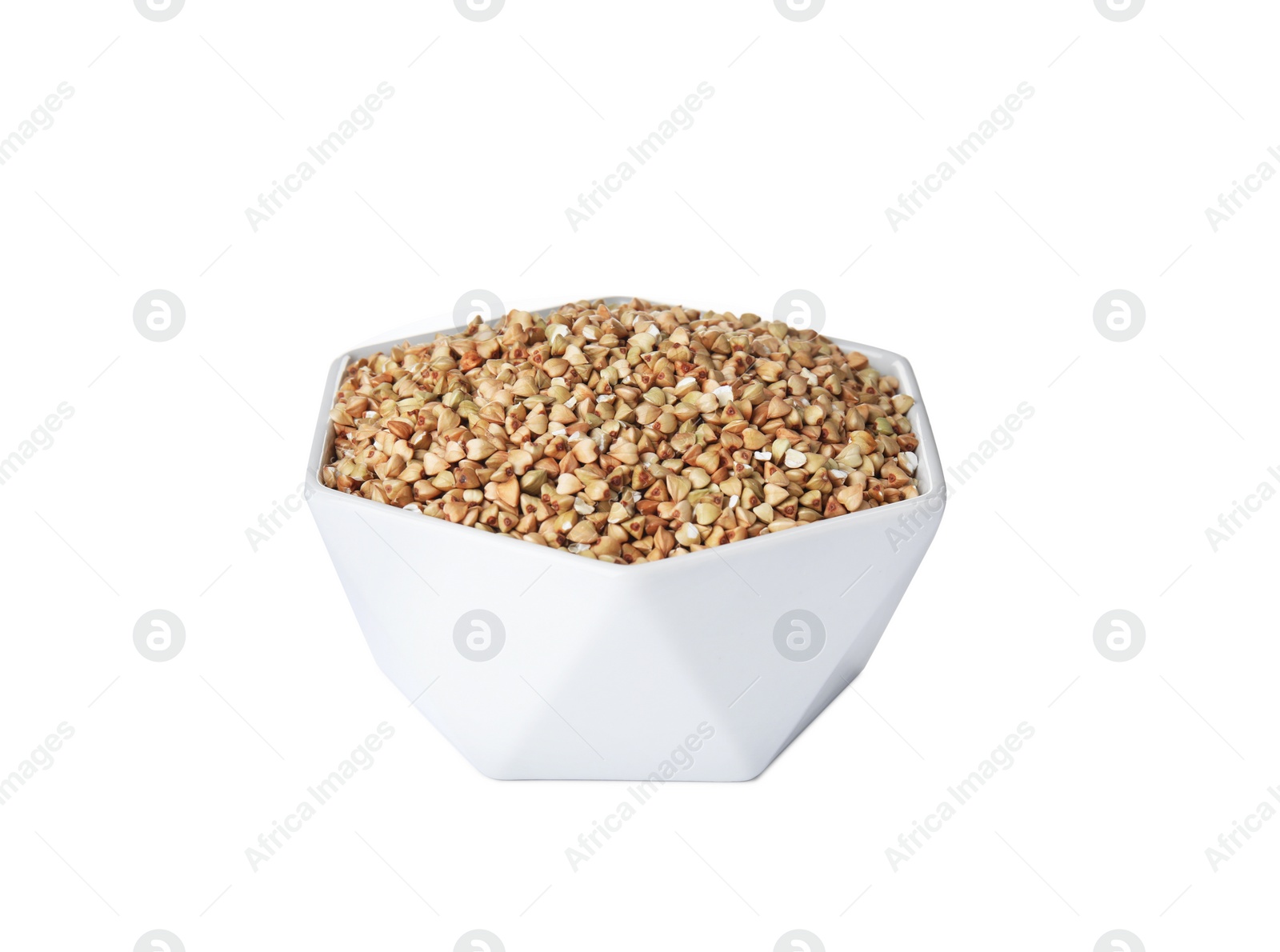 Photo of Organic green buckwheat in bowl isolated on white