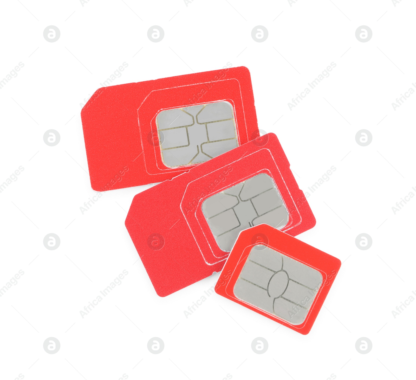 Photo of Red SIM cards on white background, top view