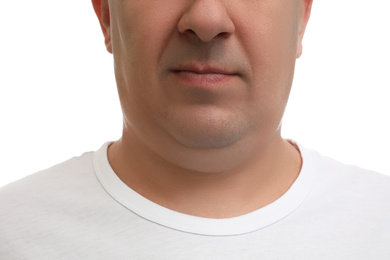 Photo of Mature man with double chin on white background, closeup