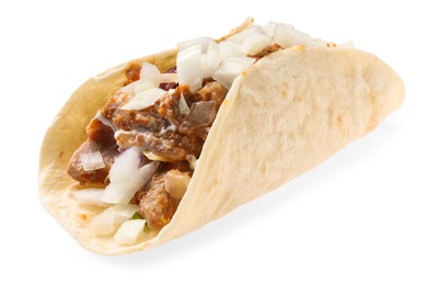 Delicious taco with meat and onion isolated on white