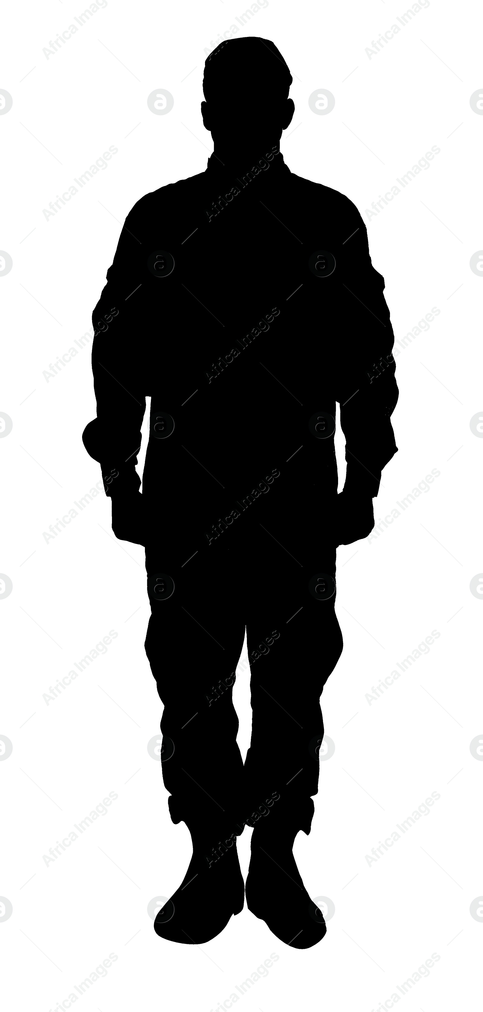 Image of Silhouette of soldier in uniform on white background. Military service