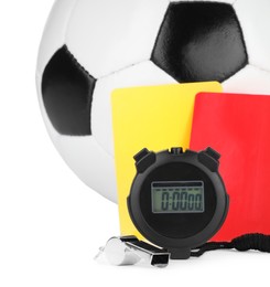 Referee equipment. Soccer ball, whistle, stopwatch and cards isolated on white