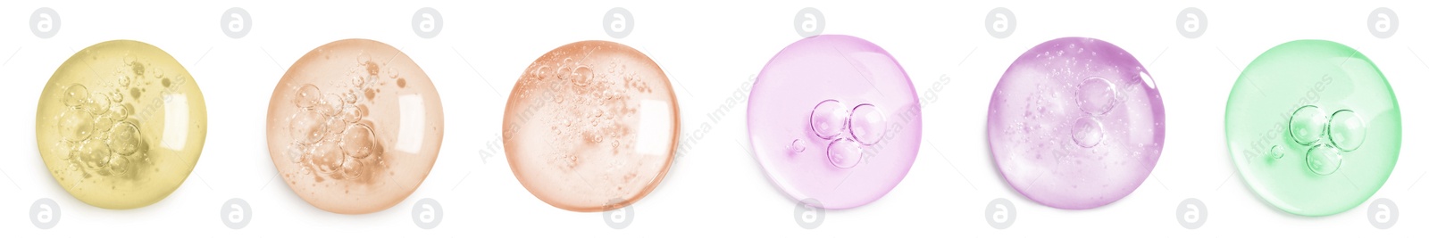 Image of Serum drops on white background, top view. Skin care product