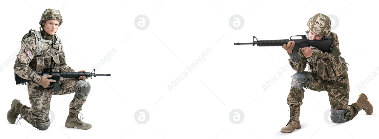 Image of Soldiers with machine guns on white background, banner design. Military service 