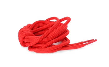 Photo of Red shoe laces isolated on white. Stylish accessory