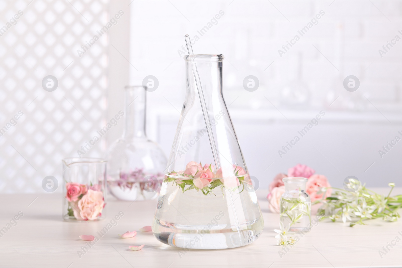 Photo of Flask with rose flowers on white wooden table. Essential oil extraction