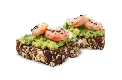Photo of Delicious sandwiches with guacamole, shrimps and black sesame seeds on white background