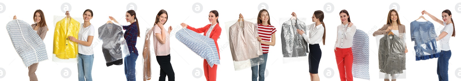 Image of Collage of women holding hanger with clothes on white background. Dry-cleaning service