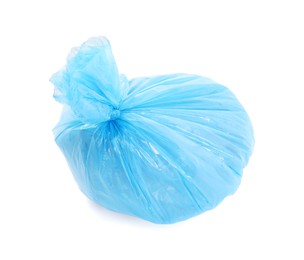 Photo of Blue plastic garbage bag isolated on white, top view