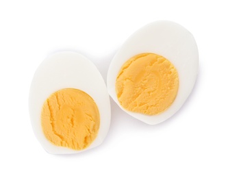 Photo of Sliced hard boiled egg on white background