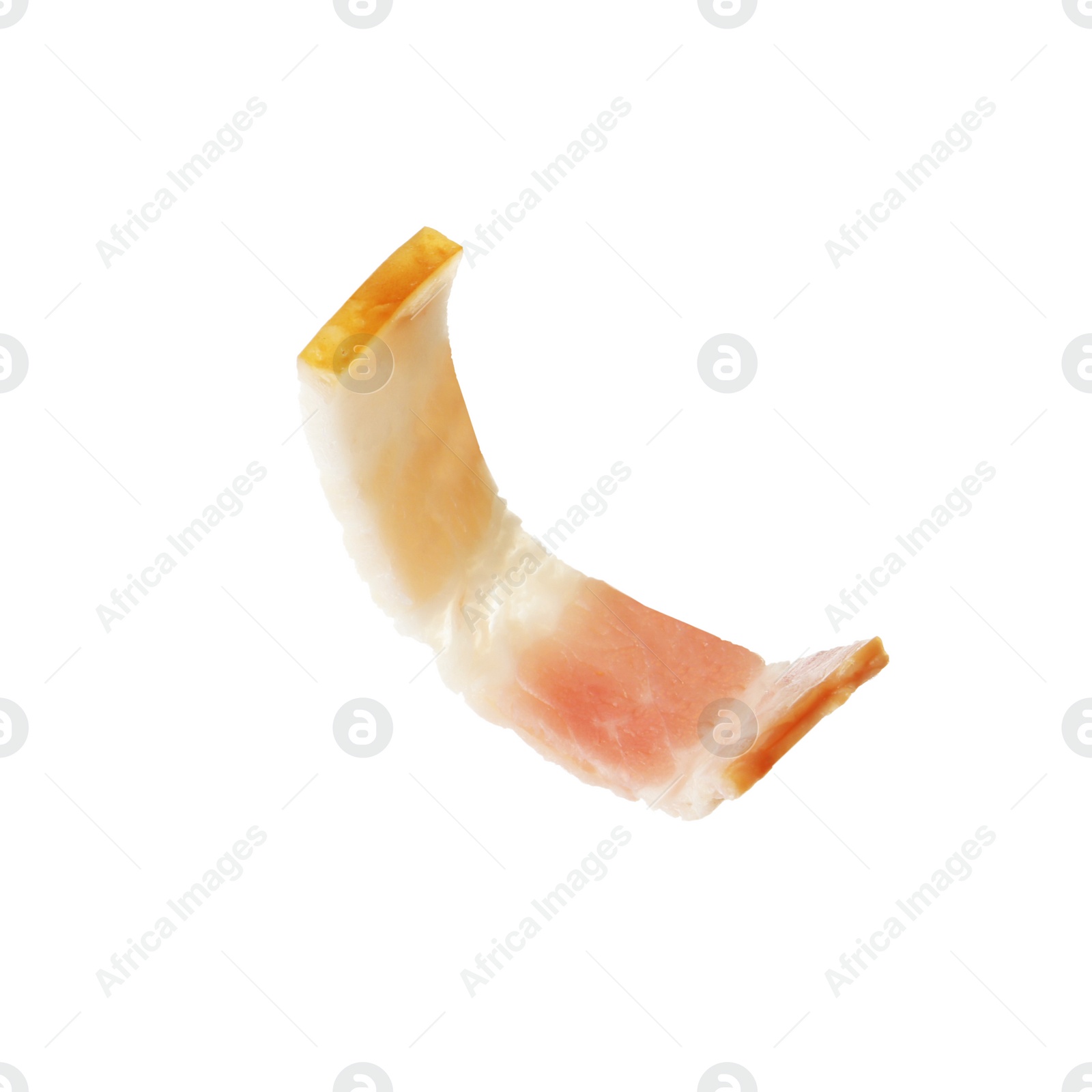 Photo of Slice of raw bacon on white background