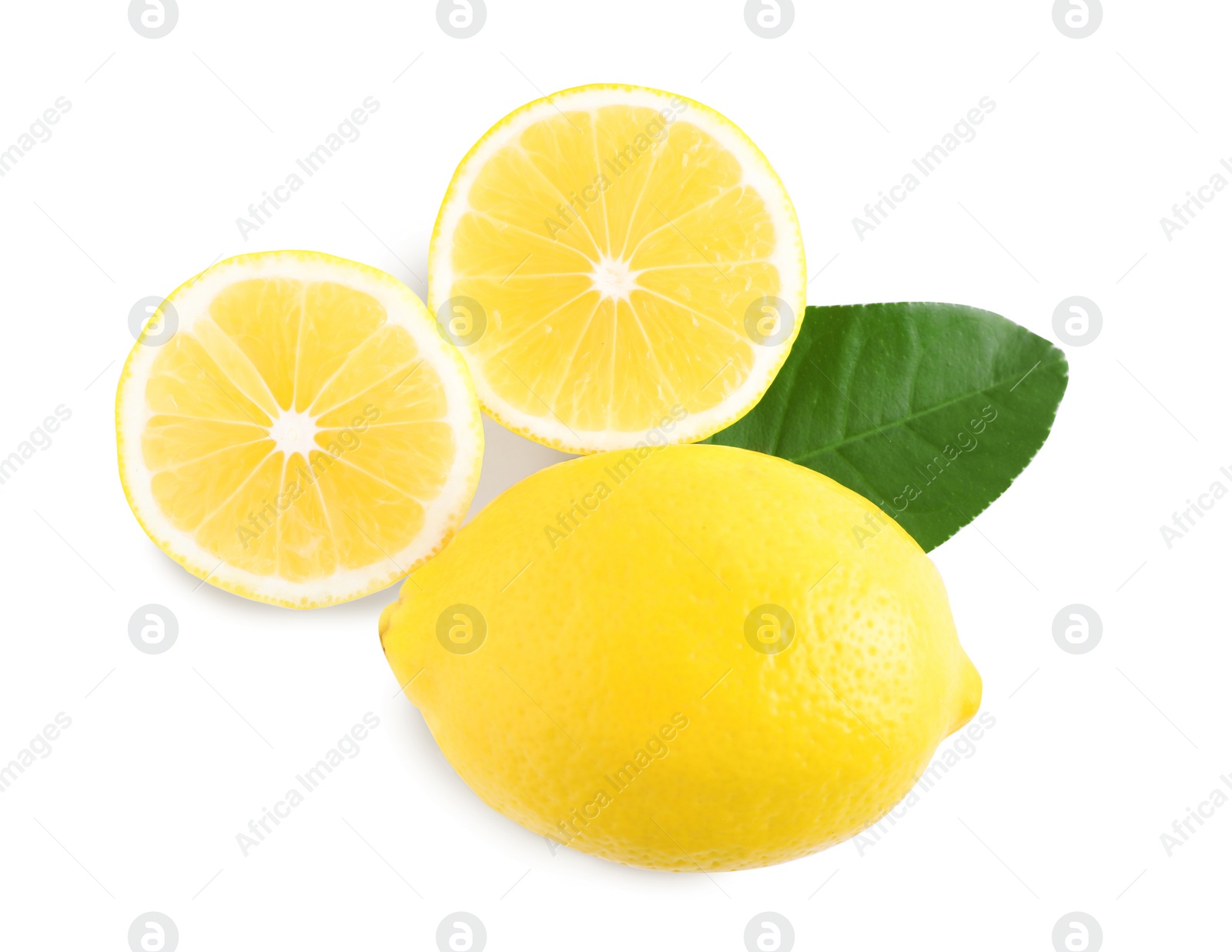 Photo of Tasty fresh lemons and leaf on white background, top view