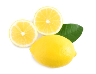 Photo of Tasty fresh lemons and leaf on white background, top view