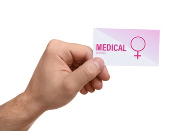 Man holding medical business card isolated on white, closeup. Women's health service