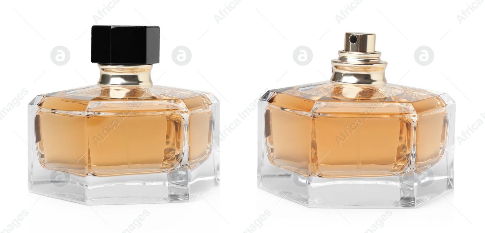 Image of Bottles of luxury perfume on white background, collage. Banner design