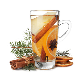 Photo of Aromatic mulled wine with cinnamon, dried orange and fir branch isolated on white
