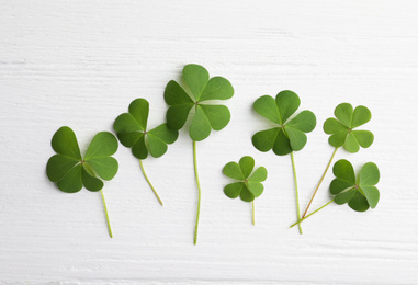 Photo of Clover leaves on white wooden table, flat lay. St. Patrick's Day symbol