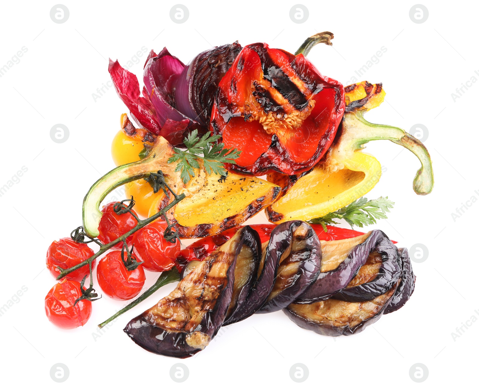 Photo of Different delicious grilled vegetables isolated on white