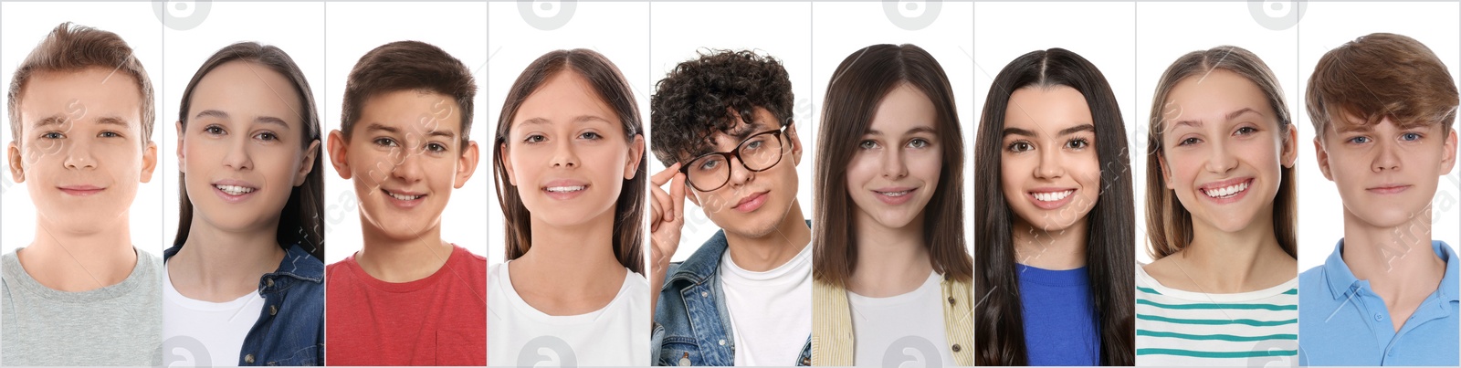 Image of Portraits of teenagers on white background, collage design