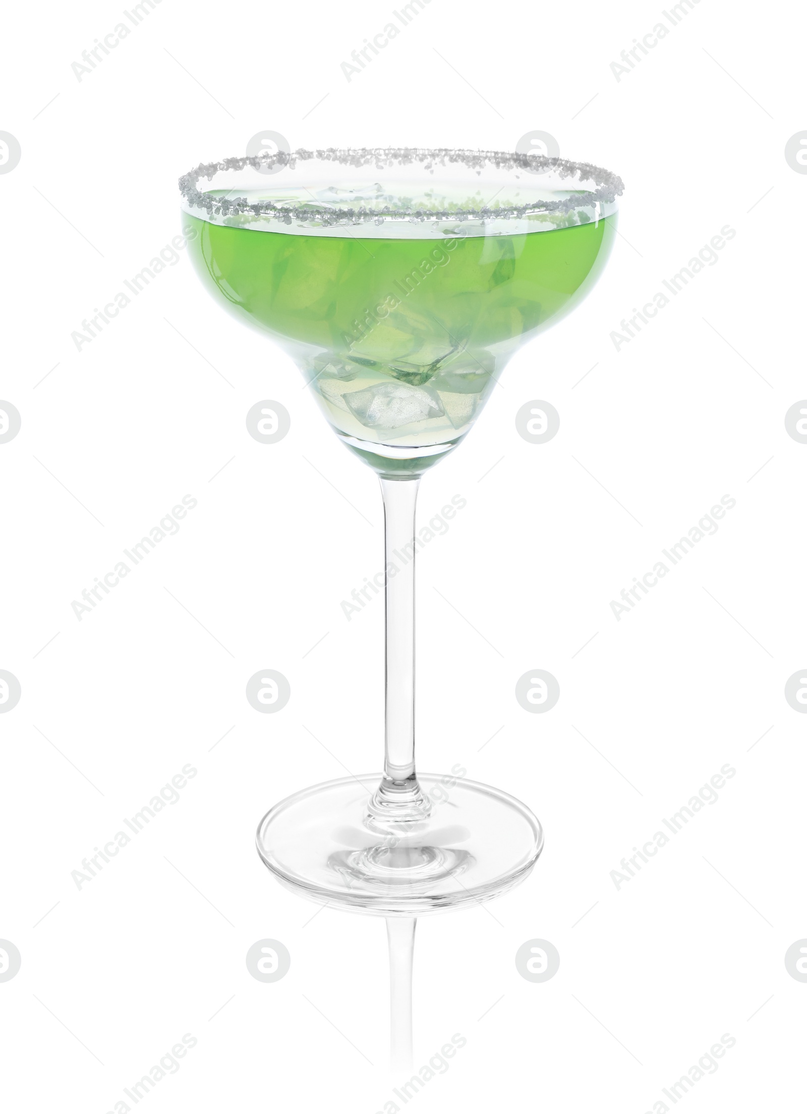 Photo of Delicious Margarita cocktail with ice cubes in glass isolated on white