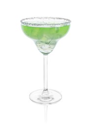 Photo of Delicious Margarita cocktail with ice cubes in glass isolated on white