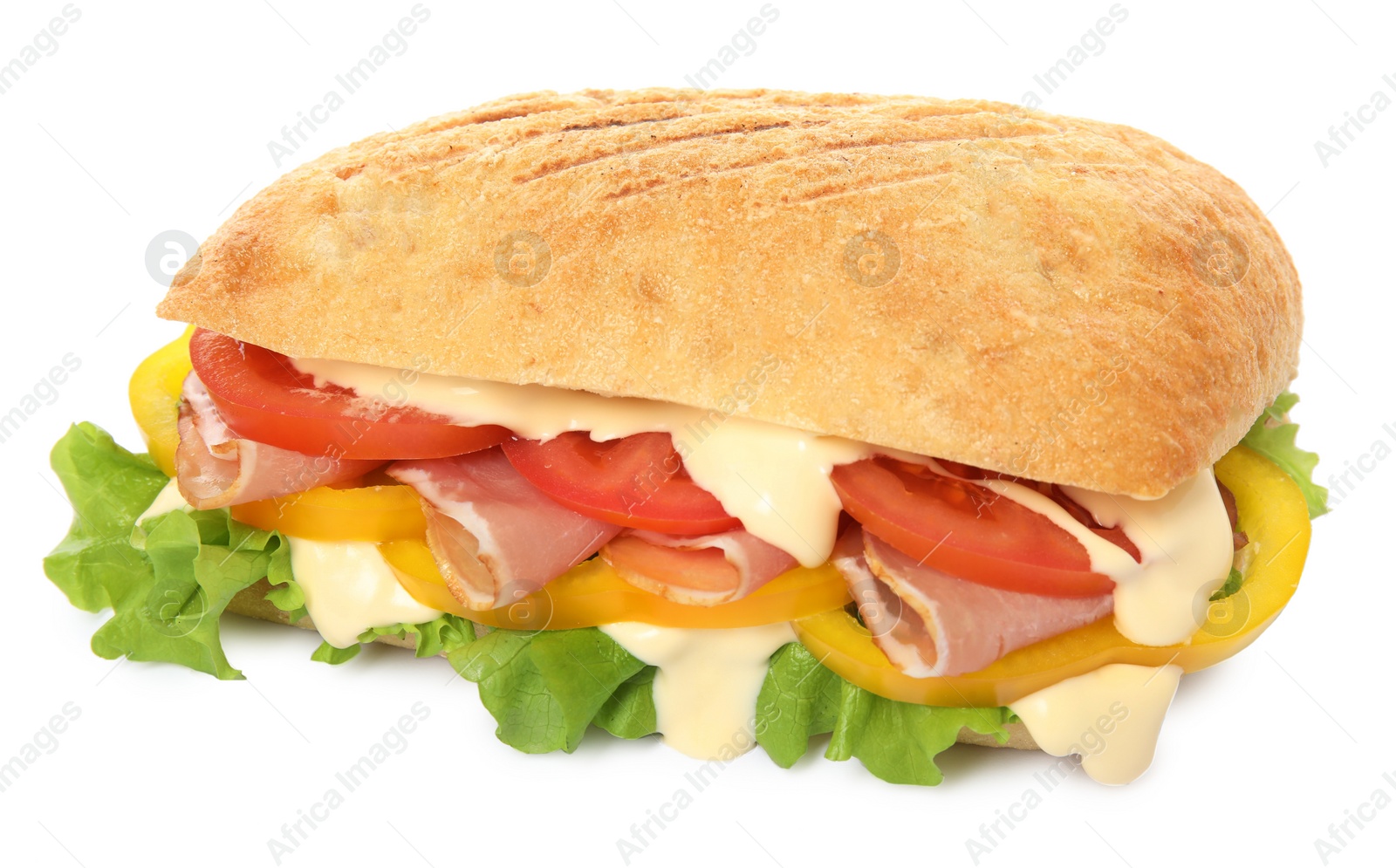 Photo of Delicious sandwich with vegetables, ham and mayonnaise isolated on white