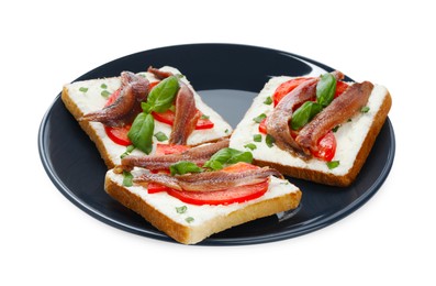 Photo of Delicious sandwiches with cream cheese, anchovies, tomatoes and basil on white background