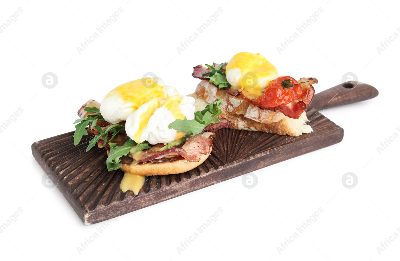 Photo of Fresh delicious eggs Benedict isolated on white