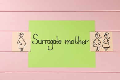 Photo of Drawings of pregnant woman and lesbian couple near paper with phrase Surrogate Mother on pink wooden table, flat lay
