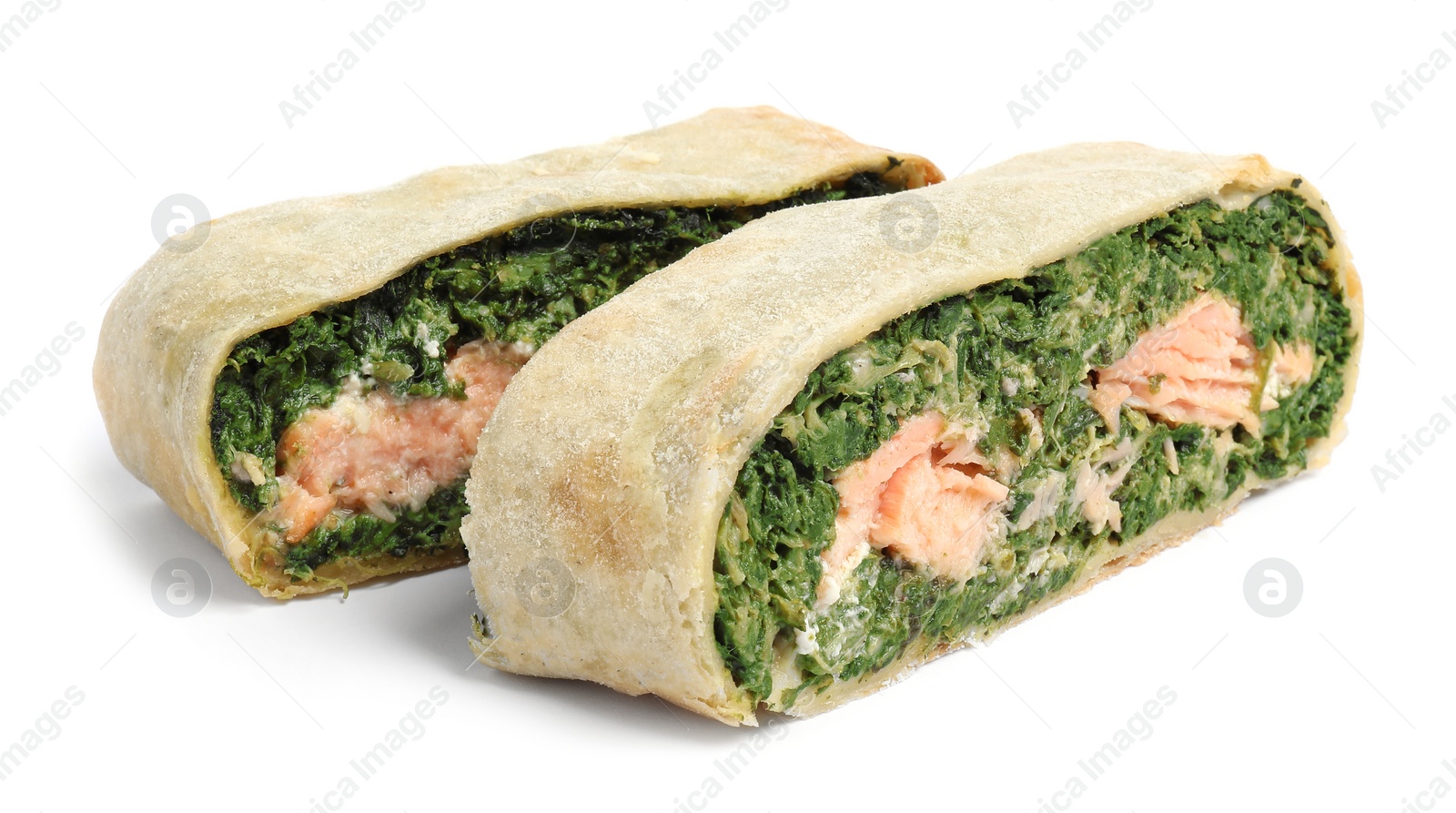 Photo of Pieces of tasty strudel with salmon and spinach isolated on white