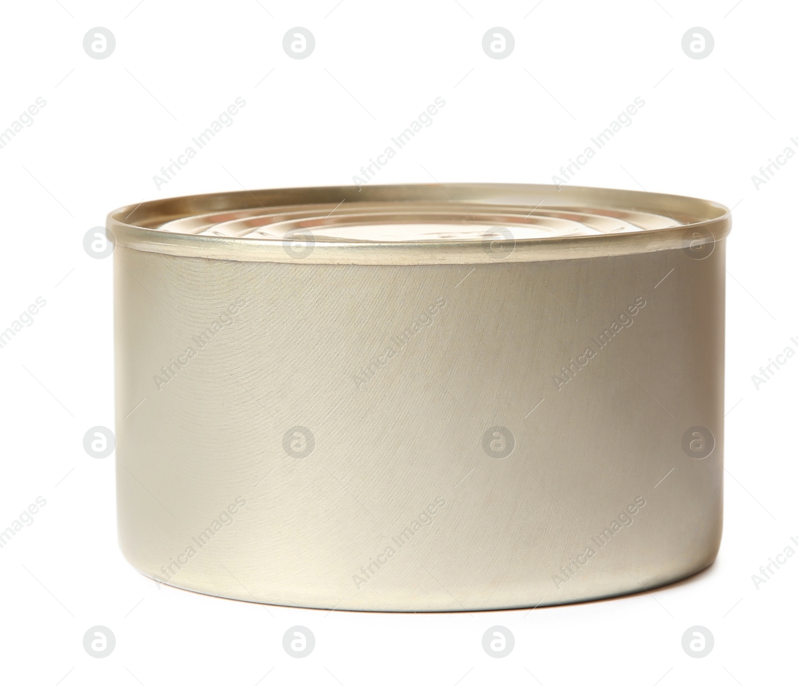 Photo of Closed tin can isolated on white, mockup for design