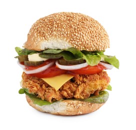 Delicious burger with crispy chicken patty isolated on white