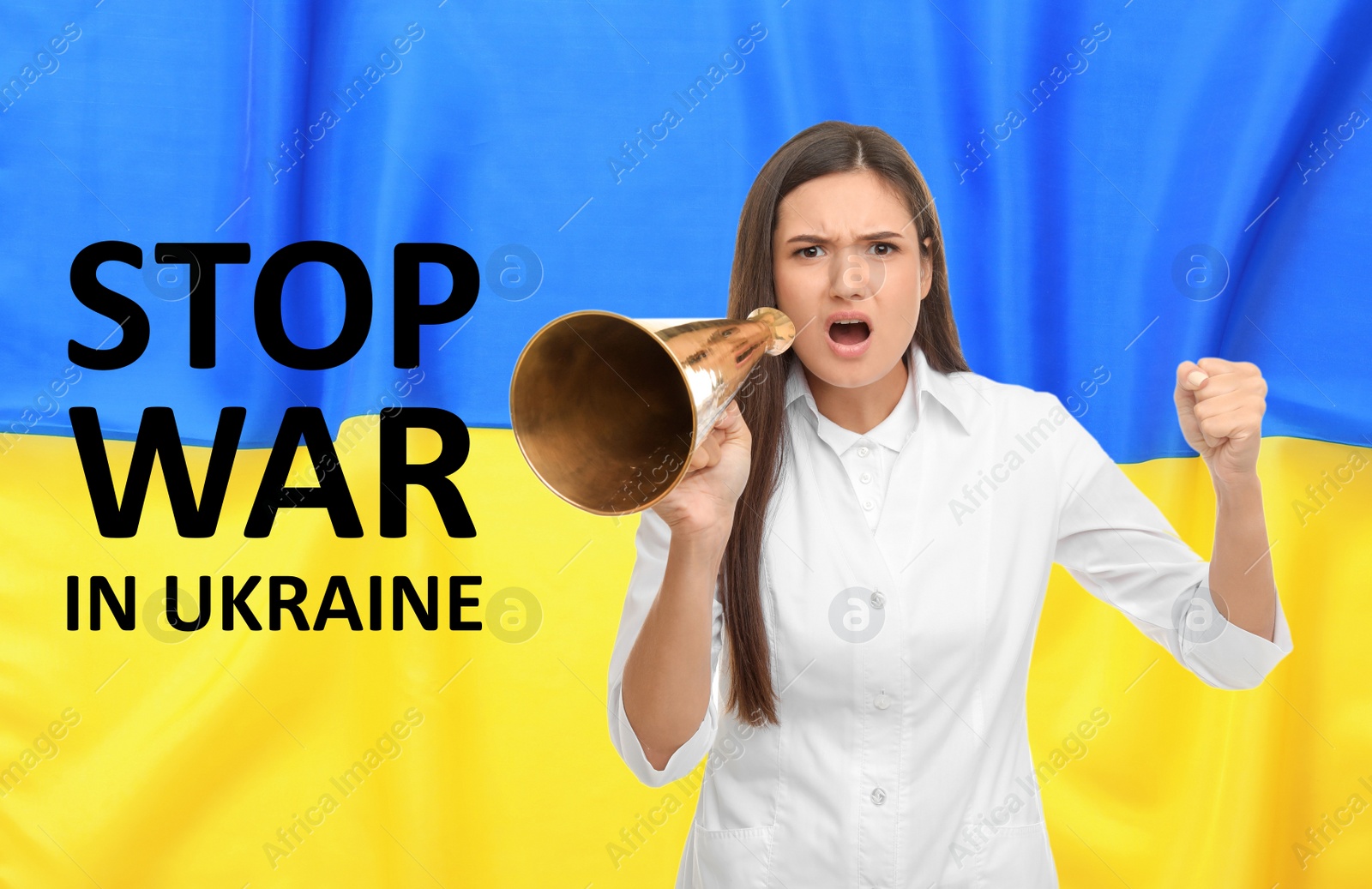 Image of Stop war in Ukraine. Woman with megaphone against Ukrainian national flag