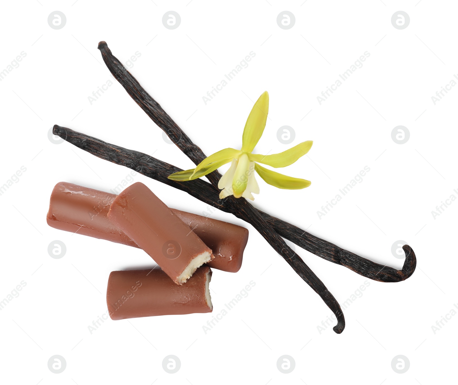 Photo of Glazed curd cheese bars, vanilla pods and flower isolated on white, top view