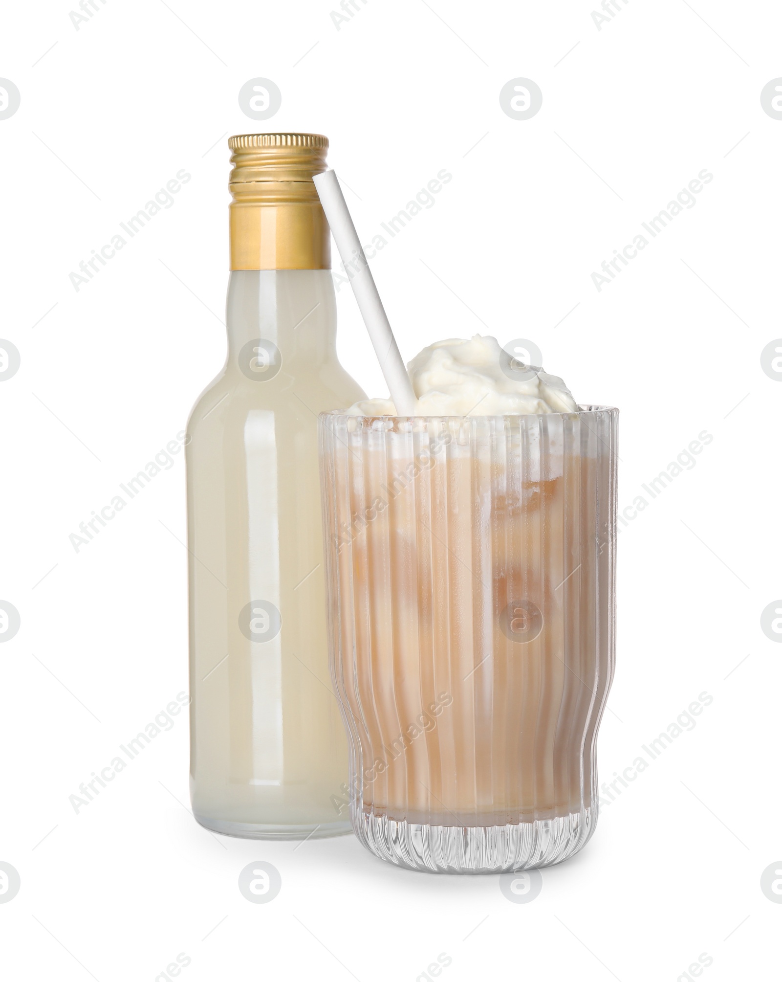 Photo of Bottle of delicious syrup and glass of iced coffee isolated on white