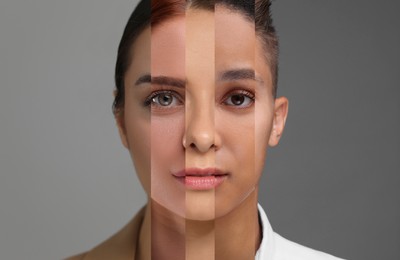 Image of Combined human portrait on grey background. Collage with parts of different people's faces