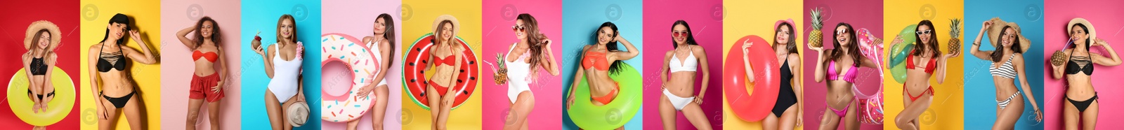 Image of Collage with beautiful photos themed to summer party and vacation. Pretty young women wearing swimsuits on different color backgrounds, banner design