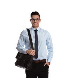 Businessman with stylish leather briefcase on white background