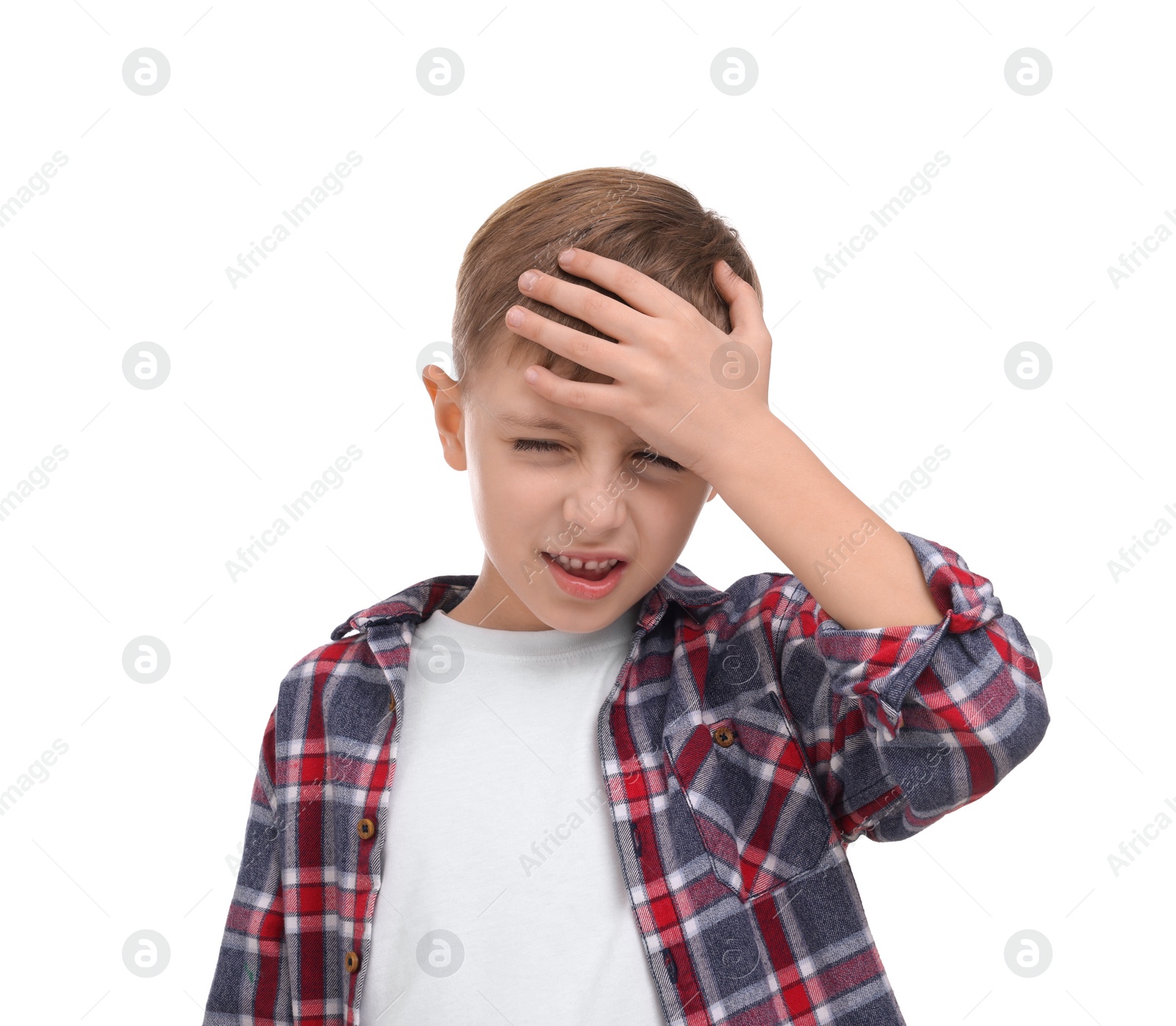 Photo of Little boy suffering from headache on white background