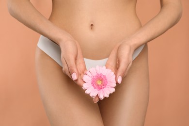 Photo of Woman in white panties with gerbera flower on peach background, closeup