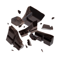 Dark chocolate explosion, pieces shattering on white background