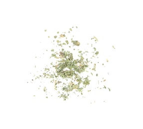 Photo of Scattered dried parsley on white background, top view