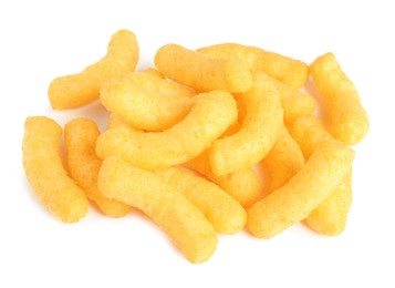 Photo of Many tasty cheesy corn puffs isolated on white