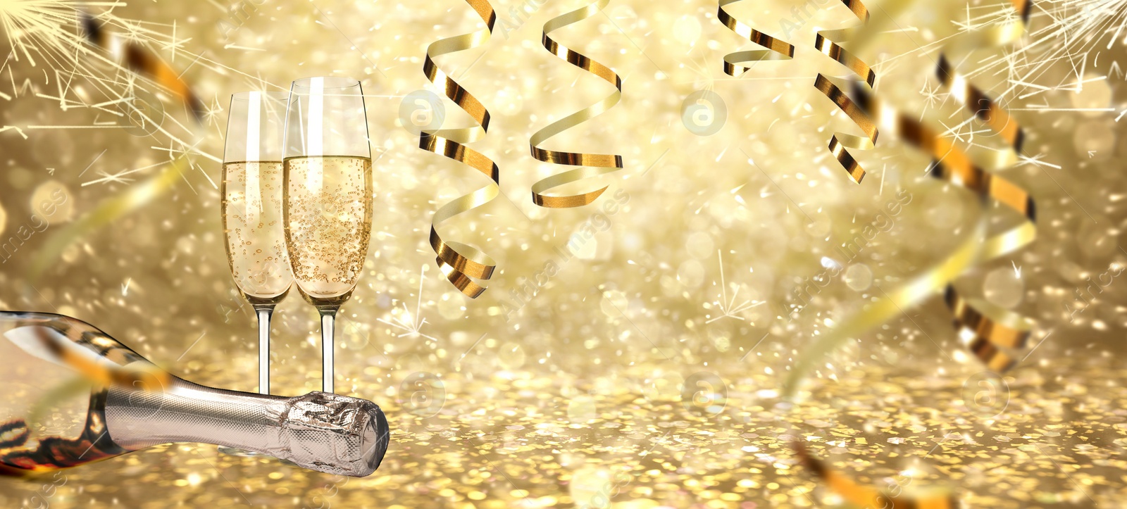 Image of Glasses and bottle of sparkling wine on bright festive background, banner design