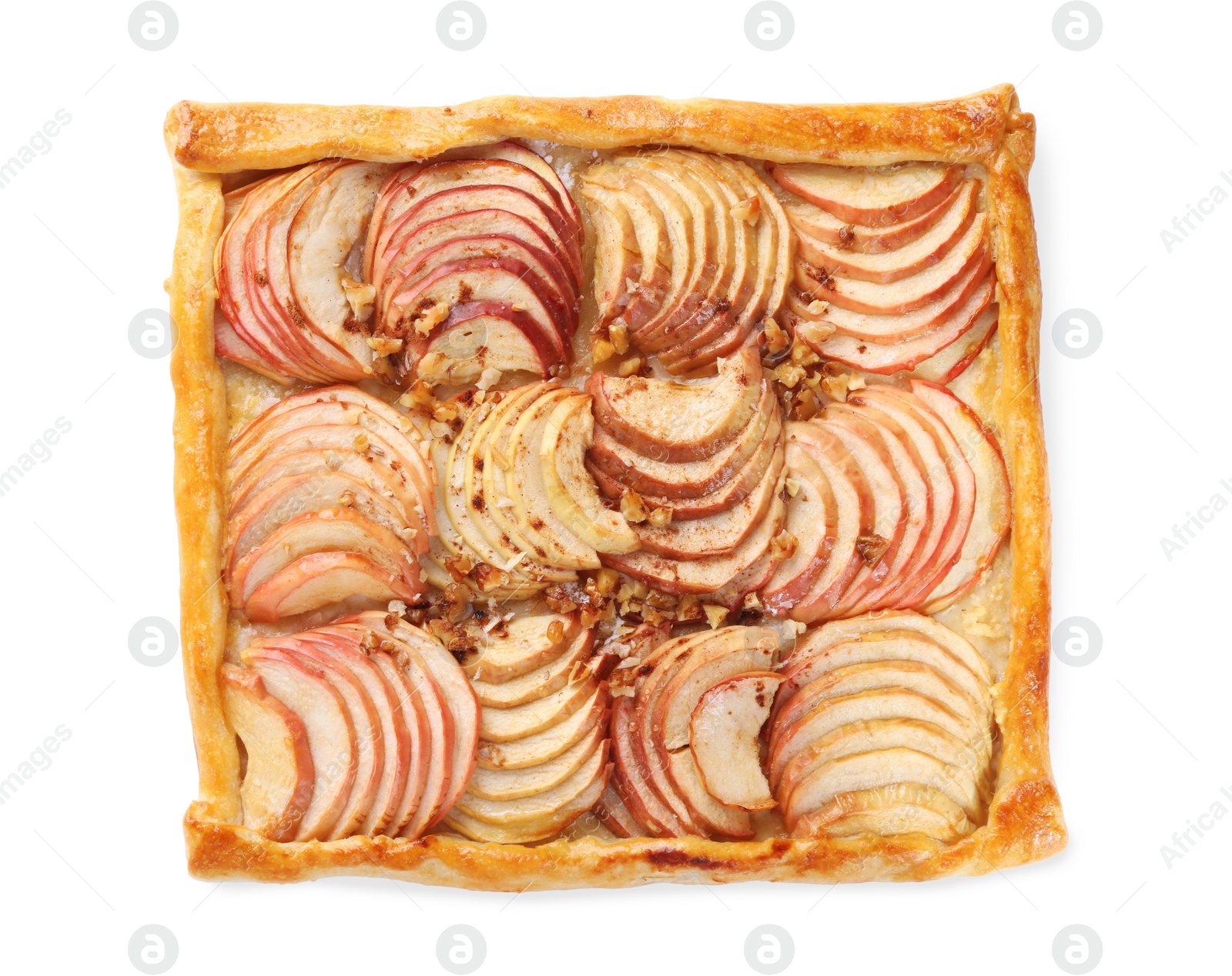 Photo of Freshly baked apple pie with nuts isolated on white, top view