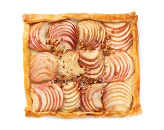 Photo of Freshly baked apple pie with nuts isolated on white, top view