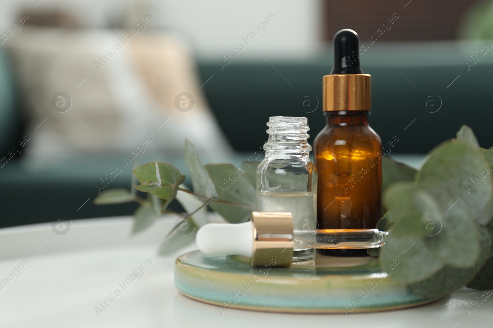 Photo of Aromatherapy. Bottles of essential oil and eucalyptus leaves on table